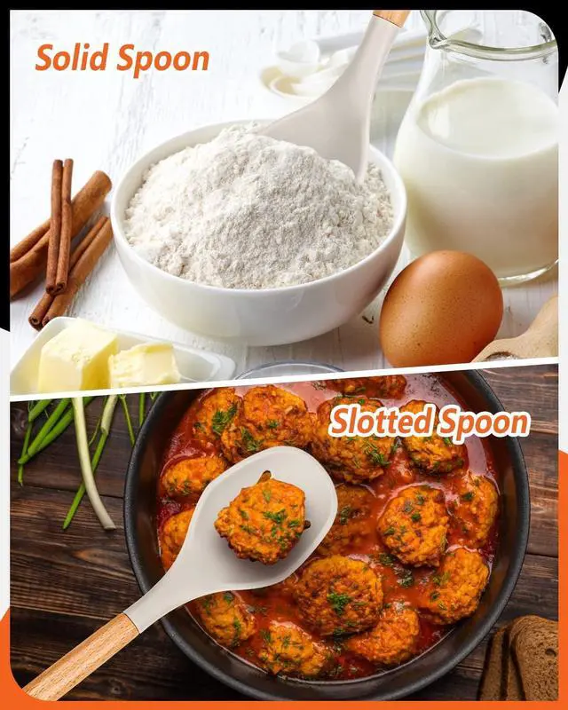 Alt view image 5 of 7 - Large Silicone Cooking Spoons, 2 Pack Nonstick Solid and Slotted Wooden handle Spoon Set, Heat Resistan Silicone Kitchen Spoons for Cooking, Serving, Basting, Mixing (Khaki)