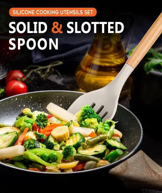 Alt view image 6 of 7 - Large Silicone Cooking Spoons, 2 Pack Nonstick Solid and Slotted Wooden handle Spoon Set, Heat Resistan Silicone Kitchen Spoons for Cooking, Serving, Basting, Mixing (Khaki)