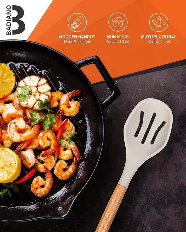 Alt view image 7 of 7 - Large Silicone Cooking Spoons, 2 Pack Nonstick Solid and Slotted Wooden handle Spoon Set, Heat Resistan Silicone Kitchen Spoons for Cooking, Serving, Basting, Mixing (Khaki)