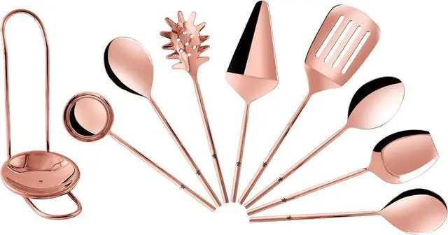 Main image of Copper Kitchen Utensils Set Large | 9 Pcs Stainless Steel Cooking Utensil Set With Rose Gold Plating | Forged Spatula, Ladle, Salad & Cake Servers with Spoon Rest | Dishwasher Safe