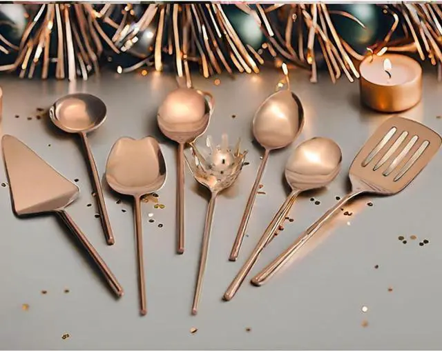 Alt view image 2 of 7 - Copper Kitchen Utensils Set Large | 9 Pcs Stainless Steel Cooking Utensil Set With Rose Gold Plating | Forged Spatula, Ladle, Salad & Cake Servers with Spoon Rest | Dishwasher Safe