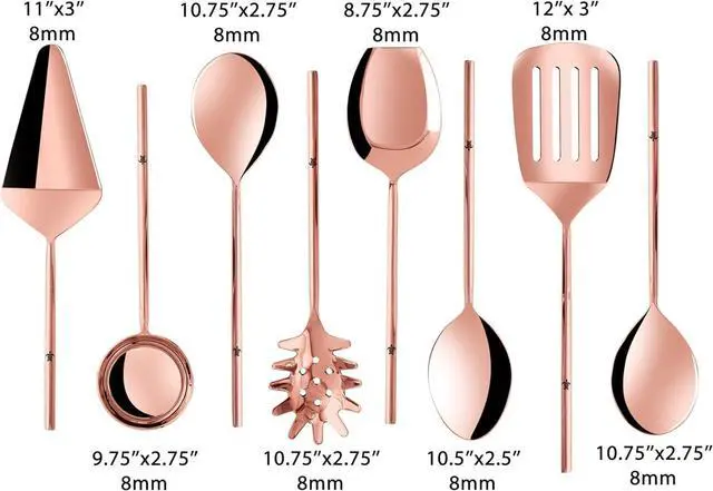 Alt view image 3 of 7 - Copper Kitchen Utensils Set Large | 9 Pcs Stainless Steel Cooking Utensil Set With Rose Gold Plating | Forged Spatula, Ladle, Salad & Cake Servers with Spoon Rest | Dishwasher Safe
