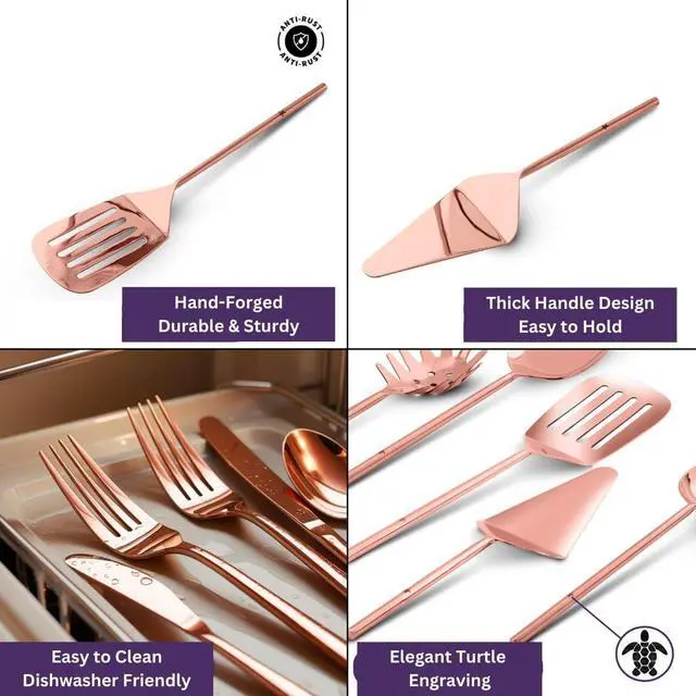 Alt view image 4 of 7 - Copper Kitchen Utensils Set Large | 9 Pcs Stainless Steel Cooking Utensil Set With Rose Gold Plating | Forged Spatula, Ladle, Salad & Cake Servers with Spoon Rest | Dishwasher Safe