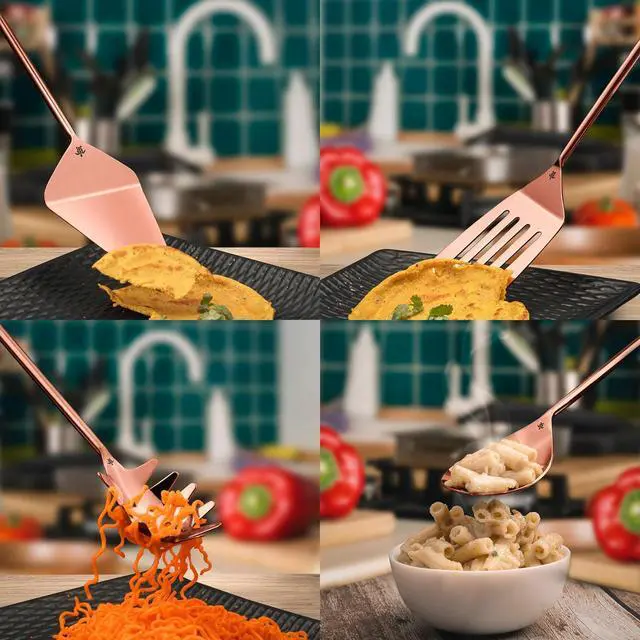 Alt view image 5 of 7 - Copper Kitchen Utensils Set Large | 9 Pcs Stainless Steel Cooking Utensil Set With Rose Gold Plating | Forged Spatula, Ladle, Salad & Cake Servers with Spoon Rest | Dishwasher Safe