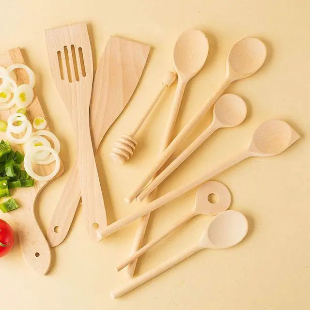Alt view image 2 of 5 - tuuli Kitchen - 9-Piece Wooden Cooking Utensils Set, Specially Designed Solid Beechwood Wooden Spoons, Wood Spatula and Honey Dipper, Durable Wooden Utensils for Everyday Use