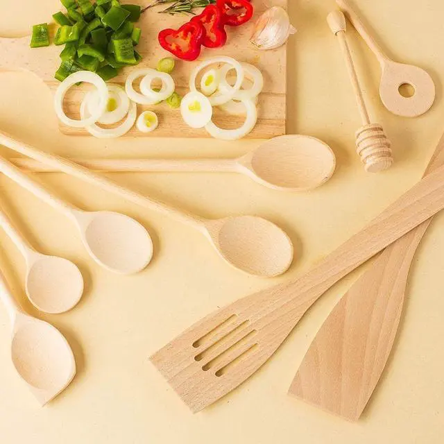 Alt view image 3 of 5 - tuuli Kitchen - 9-Piece Wooden Cooking Utensils Set, Specially Designed Solid Beechwood Wooden Spoons, Wood Spatula and Honey Dipper, Durable Wooden Utensils for Everyday Use