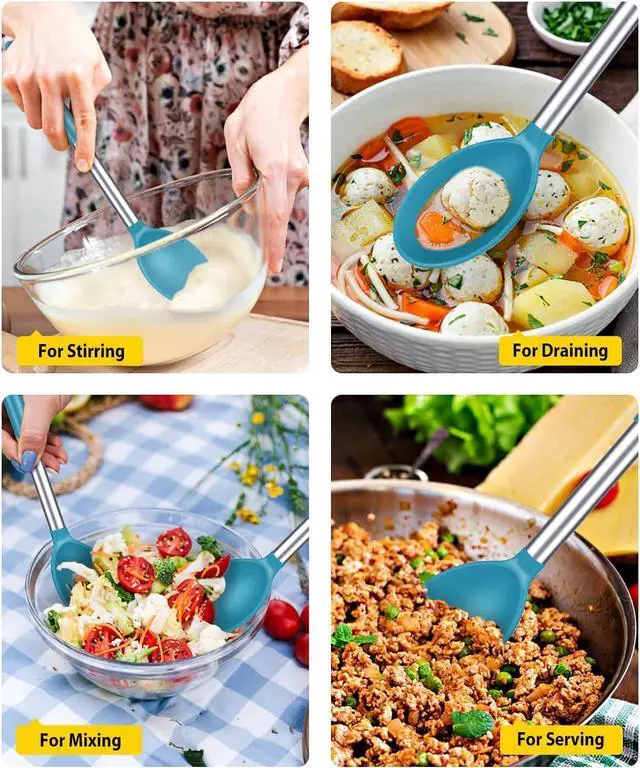 Alt view image 3 of 7 - Pack of 2 Large Silicone Cooking Spoons,Non Stick Solid Basting Spoon,Heat-Resistant Kitchen Utensils for Mixing,Serving,Draining,Stirring (BLUE)