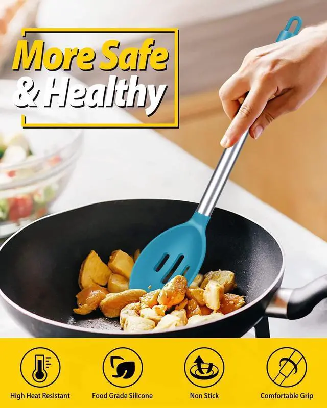 Alt view image 5 of 7 - Pack of 2 Large Silicone Cooking Spoons,Non Stick Solid Basting Spoon,Heat-Resistant Kitchen Utensils for Mixing,Serving,Draining,Stirring (BLUE)