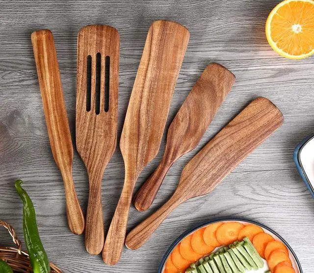 Alt view image 2 of 7 - 5Pcs Wooden Spoons Kit for Cooking Durable Acacia Wood Spurtles Kitchen Tools and Utensils Long Handle for Nonstick Cookware,Salad Strainer and Cake Make,Spurtles Kitchen Tools as Seen on TV