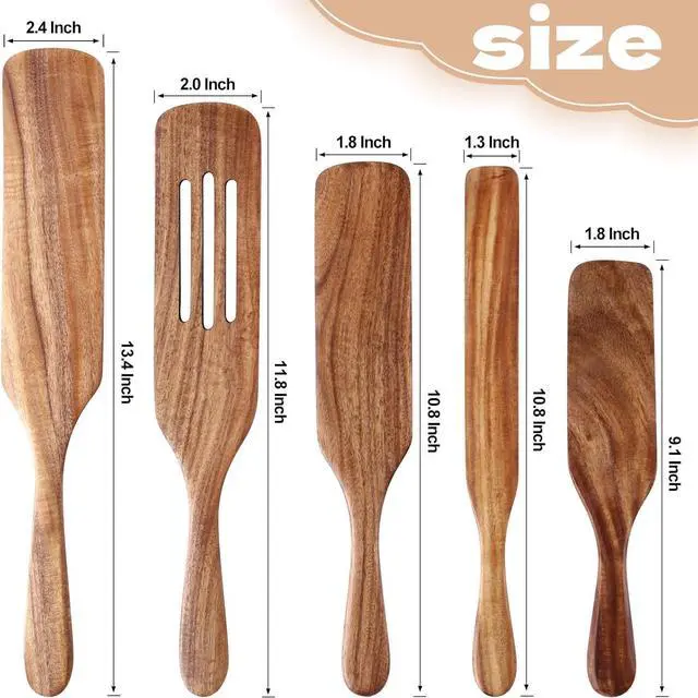 Alt view image 3 of 7 - 5Pcs Wooden Spoons Kit for Cooking Durable Acacia Wood Spurtles Kitchen Tools and Utensils Long Handle for Nonstick Cookware,Salad Strainer and Cake Make,Spurtles Kitchen Tools as Seen on TV