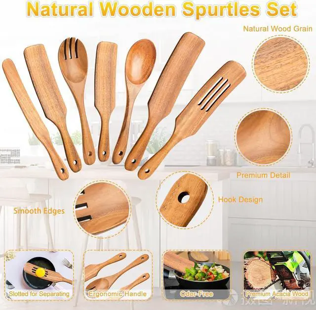 Alt view image 3 of 7 - Spurtles Kitchen Tools Wooden, 7Pcs Wooden Spoons for Cooking, Natural Premium Spatula Set, Heat Resistant Cooking Utensil for Nonstick Cookware, Spurtle for Sourdough Starter