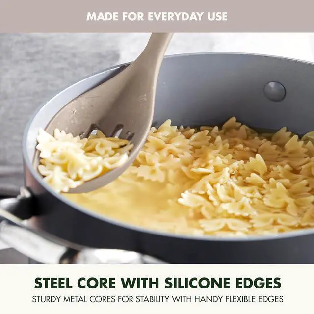 Alt view image 3 of 7 - GreenPan Silicone Slotted Spoon, Cooking Kitchen Utensil, Mixing Stirring Serving, Flexible Rubber Nonstick Cookware, Rigid Steel Core Heat-Resistant, Anti-Slip Handle, BPA-Free Dishwasher Safe, Taupe