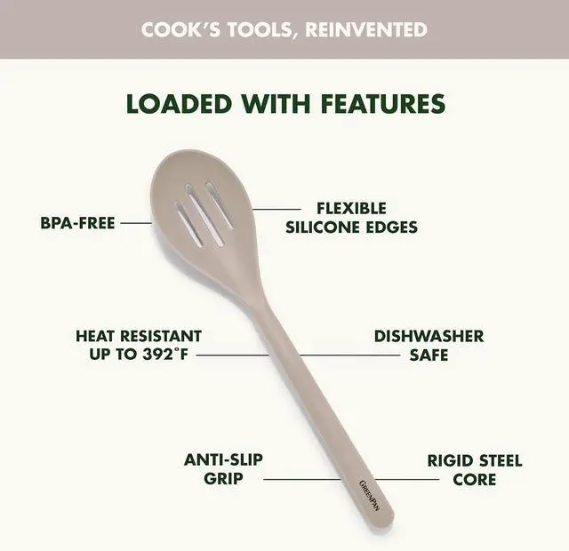 Alt view image 4 of 7 - GreenPan Silicone Slotted Spoon, Cooking Kitchen Utensil, Mixing Stirring Serving, Flexible Rubber Nonstick Cookware, Rigid Steel Core Heat-Resistant, Anti-Slip Handle, BPA-Free Dishwasher Safe, Taupe