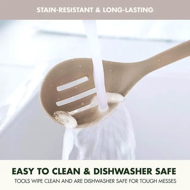 Alt view image 7 of 7 - GreenPan Silicone Slotted Spoon, Cooking Kitchen Utensil, Mixing Stirring Serving, Flexible Rubber Nonstick Cookware, Rigid Steel Core Heat-Resistant, Anti-Slip Handle, BPA-Free Dishwasher Safe, Taupe