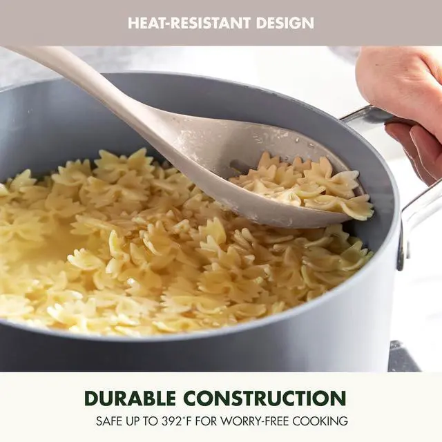 Alt view image 6 of 7 - GreenPan Silicone Slotted Spoon, Cooking Kitchen Utensil, Mixing Stirring Serving, Flexible Rubber Nonstick Cookware, Rigid Steel Core Heat-Resistant, Anti-Slip Handle, BPA-Free Dishwasher Safe, Taupe