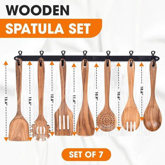 Alt view image 3 of 7 - Cheer Collection Wooden Utensil Set - 7 Piece Cooking Utensils, Teak Wooden Spoons & Spatulas for Cooking, Heat Resistant, Non-Stick, and Safe Wooden Cooking Utensils