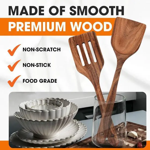 Alt view image 4 of 7 - Cheer Collection Wooden Utensil Set - 7 Piece Cooking Utensils, Teak Wooden Spoons & Spatulas for Cooking, Heat Resistant, Non-Stick, and Safe Wooden Cooking Utensils
