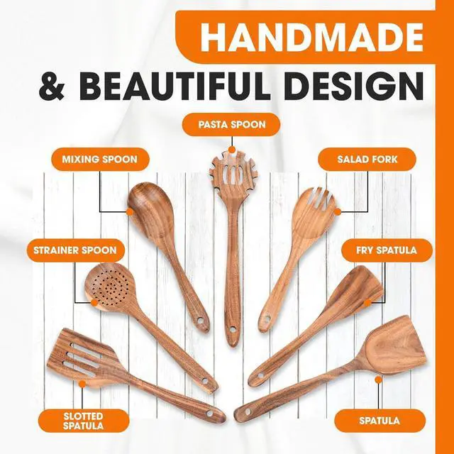 Alt view image 6 of 7 - Cheer Collection Wooden Utensil Set - 7 Piece Cooking Utensils, Teak Wooden Spoons & Spatulas for Cooking, Heat Resistant, Non-Stick, and Safe Wooden Cooking Utensils