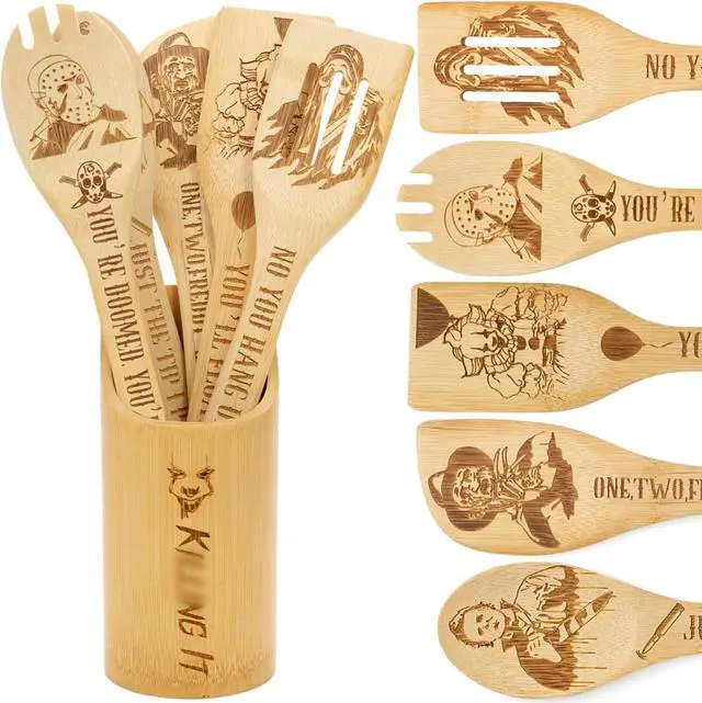 Main image of 6Pcs Horror Movie Character Cooking Gift Set Wooden Spoons Utensils with Matching Holder - Halloween Movie Merchandise Laser Engraved Bamboo Spoons Set for Halloween Film Gifts, Horror Decor for Party