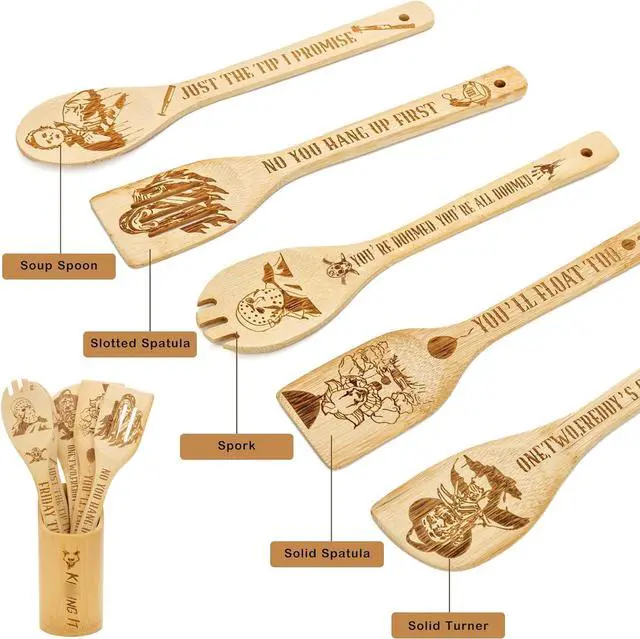 Alt view image 2 of 7 - 6Pcs Horror Movie Character Cooking Gift Set Wooden Spoons Utensils with Matching Holder - Halloween Movie Merchandise Laser Engraved Bamboo Spoons Set for Halloween Film Gifts, Horror Decor for Party