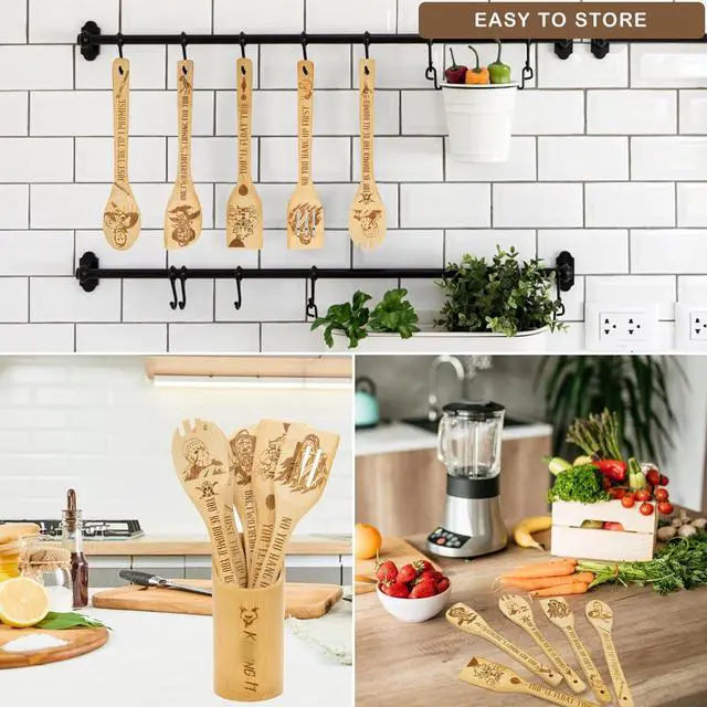 Alt view image 7 of 7 - 6Pcs Horror Movie Character Cooking Gift Set Wooden Spoons Utensils with Matching Holder - Halloween Movie Merchandise Laser Engraved Bamboo Spoons Set for Halloween Film Gifts, Horror Decor for Party