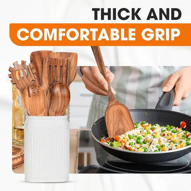Alt view image 5 of 7 - Cheer Collection Wooden Utensil Set - 7 Piece Cooking Utensils, Teak Wooden Spoons & Spatulas for Cooking, Heat Resistant, Non-Stick, and Safe Wooden Cooking Utensils