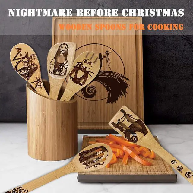 Alt view image 4 of 7 - Nightmare Before Christmas Gifts - 5 Pcs Wooden Spoons for Cooking,Halloween Kitchen Utensils Set,Cooking Utensils set for Halloween Decor