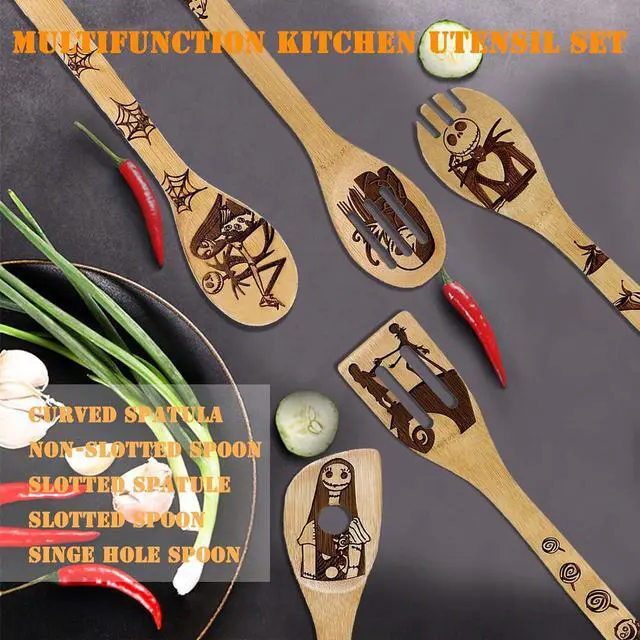 Alt view image 7 of 7 - Nightmare Before Christmas Gifts - 5 Pcs Wooden Spoons for Cooking,Halloween Kitchen Utensils Set,Cooking Utensils set for Halloween Decor