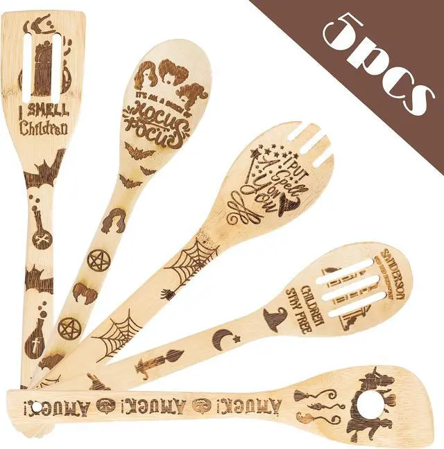 Alt view image 2 of 5 - Eartim Hocus Pocus Wooden Cooking Utensil Set - 5Pcs Halloween Kitchen Cooking Gadget Natural Carve Bamboo Spoon Slotted Spatula Non-Stick Cookware Utensil Birthday Housewarming Gift Halloween Supply