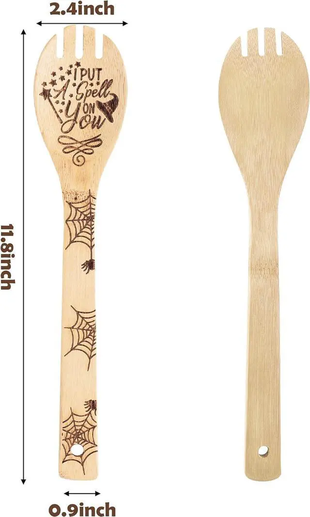 Alt view image 3 of 5 - Eartim Hocus Pocus Wooden Cooking Utensil Set - 5Pcs Halloween Kitchen Cooking Gadget Natural Carve Bamboo Spoon Slotted Spatula Non-Stick Cookware Utensil Birthday Housewarming Gift Halloween Supply