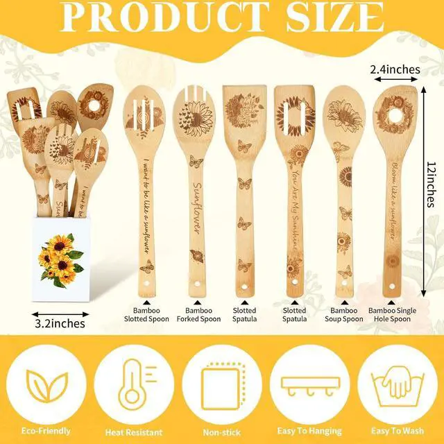 Alt view image 2 of 7 - 7 Pcs Sunflower Kitchen Utensils Set Bamboo Spoons for Cooking with Utensils Holder Sunflower Kitchen Decor Cute Utensil Caddy Farmhouse Kitchen Counter Decor for Countertop