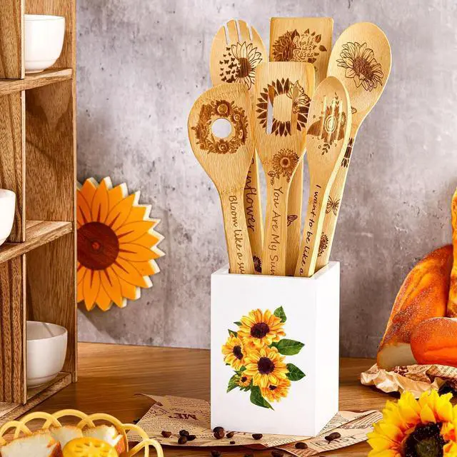Alt view image 3 of 7 - 7 Pcs Sunflower Kitchen Utensils Set Bamboo Spoons for Cooking with Utensils Holder Sunflower Kitchen Decor Cute Utensil Caddy Farmhouse Kitchen Counter Decor for Countertop