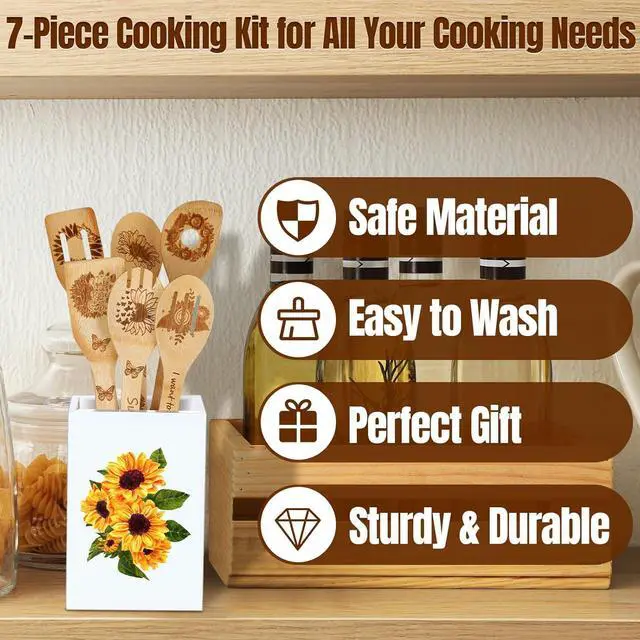Alt view image 5 of 7 - 7 Pcs Sunflower Kitchen Utensils Set Bamboo Spoons for Cooking with Utensils Holder Sunflower Kitchen Decor Cute Utensil Caddy Farmhouse Kitchen Counter Decor for Countertop