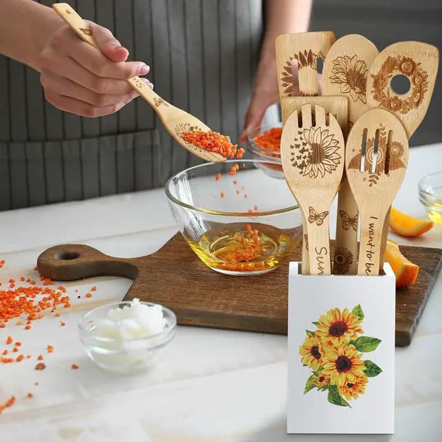 Alt view image 6 of 7 - 7 Pcs Sunflower Kitchen Utensils Set Bamboo Spoons for Cooking with Utensils Holder Sunflower Kitchen Decor Cute Utensil Caddy Farmhouse Kitchen Counter Decor for Countertop