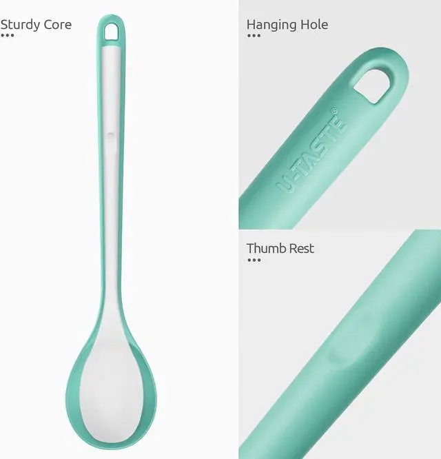 Alt view image 6 of 7 - 13.3" Solid Cooking Spoon: U-Taste 600ºF Heat Resistant Kitchen Mixing Spoon, Food Grade Nonstick Long and Large Rubber Soup Utensil for Serving, Stirring, Basting, for Pot Cookware (Aqua Sky)