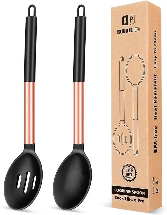 Main image of Pack of 2 Large Silicone Cooking Spoons,Non Stick Solid Basting Spoon,Heat-Resistant Kitchen Utensils for Mixing,Serving,Draining,Stirring (ROSE GOLD BLACK)