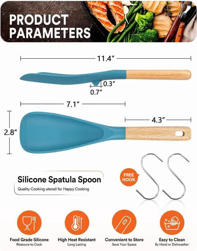 Alt view image 2 of 7 - Cooking Spoon for Nonstick Cookwares, Great for Cooking and Serving Sturdy BPA-Free Matte Silicone, Wood Handle Spoon for Mixing, Scoop, and Scrape (Khaki & Turquoise, 11.4 inch)