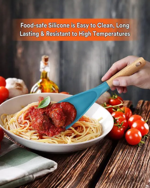 Alt view image 3 of 7 - Cooking Spoon for Nonstick Cookwares, Great for Cooking and Serving Sturdy BPA-Free Matte Silicone, Wood Handle Spoon for Mixing, Scoop, and Scrape (Khaki & Turquoise, 11.4 inch)