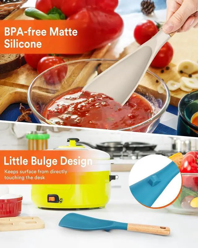 Alt view image 5 of 7 - Cooking Spoon for Nonstick Cookwares, Great for Cooking and Serving Sturdy BPA-Free Matte Silicone, Wood Handle Spoon for Mixing, Scoop, and Scrape (Khaki & Turquoise, 11.4 inch)