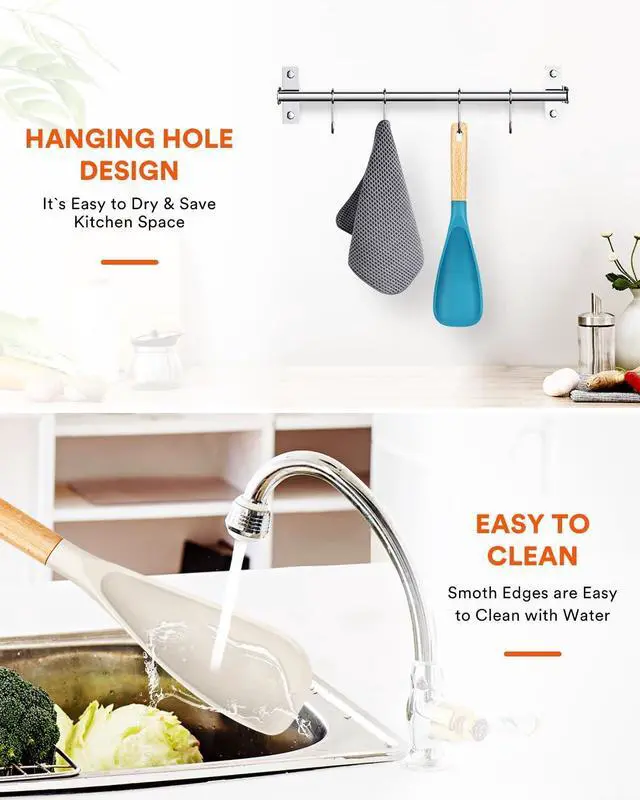 Alt view image 7 of 7 - Cooking Spoon for Nonstick Cookwares, Great for Cooking and Serving Sturdy BPA-Free Matte Silicone, Wood Handle Spoon for Mixing, Scoop, and Scrape (Khaki & Turquoise, 11.4 inch)