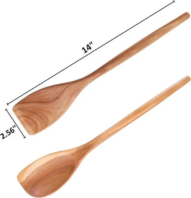 Alt view image 2 of 6 - 2PCS Acacia Wooden Spoons For Cooking-14 Inch Smooth Finish Cooking Spoons-Comfortable Grip Wood Spoons for Cooking - Non-Stick Cooking Utensils (Corner spoon + Cooking Spatula)