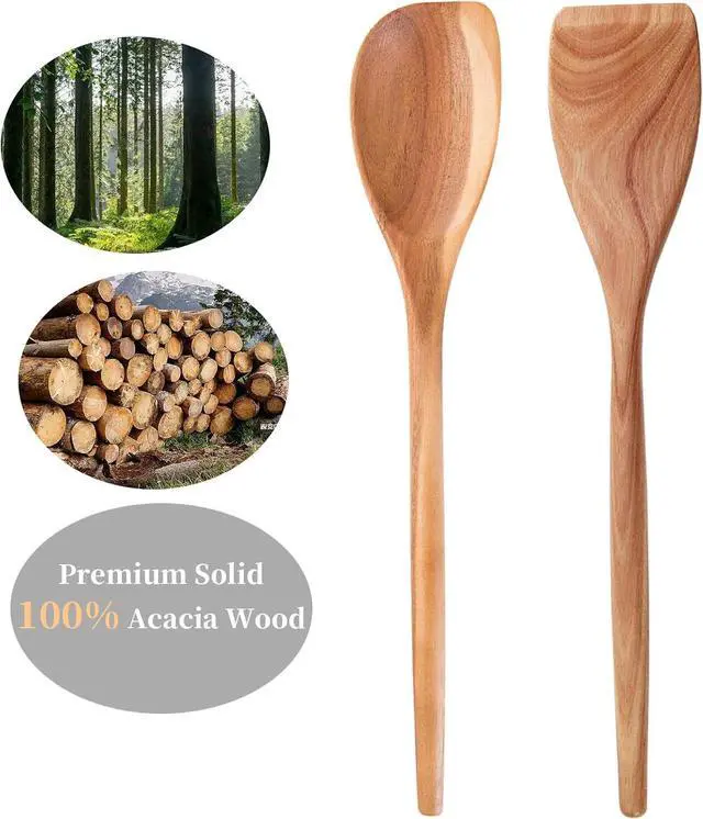 Alt view image 4 of 6 - 2PCS Acacia Wooden Spoons For Cooking-14 Inch Smooth Finish Cooking Spoons-Comfortable Grip Wood Spoons for Cooking - Non-Stick Cooking Utensils (Corner spoon + Cooking Spatula)