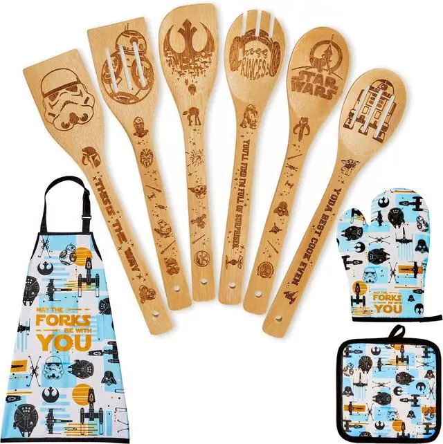 Main image of Star Gifts for Women,Home Decor,Kitchen Utensils Set,Wooden Cooking Spoons with Apron Oven Mitt Potholder for Fans,Best Birthday Wedding and Housewarming Christmas Presents 9 pcs