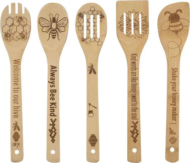 Main image of 5PCS Bee Wooden Cooking Spoons Set,Bee Gifts,Bee Kitchen Decor,Gifts for Beekeepers,Bamboo Cooking Utensil Spoons Housewarming Wedding Mom Kitchen Gift Idea Kitchen Decor
