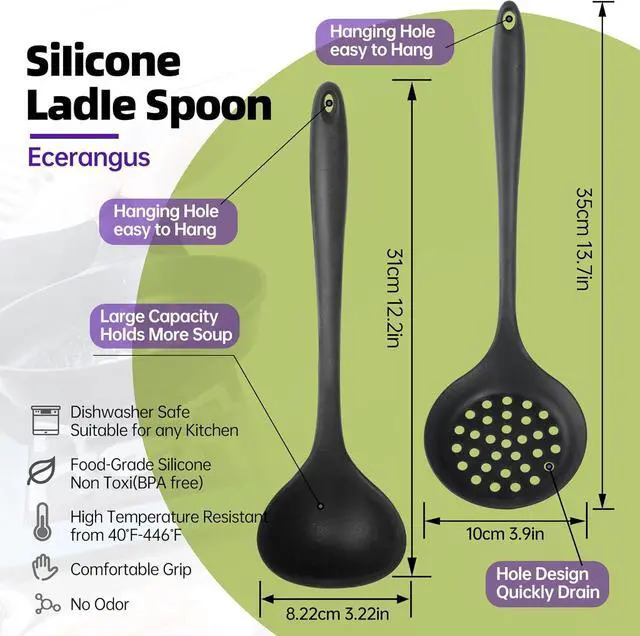 Alt view image 2 of 7 - Silicone Soup Ladle Spoon Set of 2,Silicone Nonstick Large Skimmer Slotted Spoons,Kitchen Ladle Strainer Spoons Heat Resistant Cooking Utensil for Cooking Stirring Serving Draining Frying