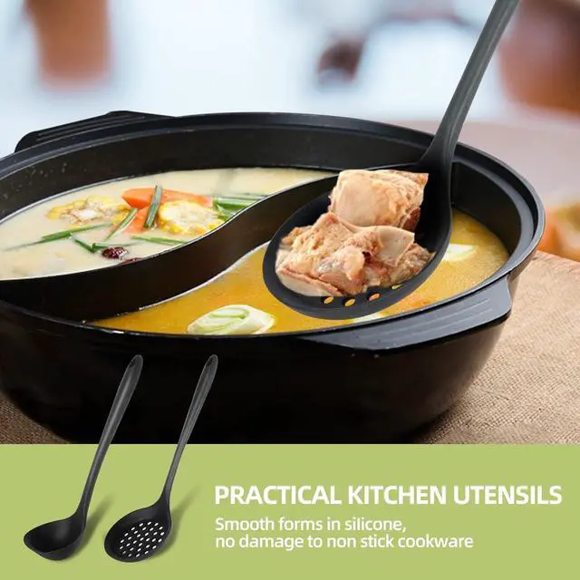 Alt view image 3 of 7 - Silicone Soup Ladle Spoon Set of 2,Silicone Nonstick Large Skimmer Slotted Spoons,Kitchen Ladle Strainer Spoons Heat Resistant Cooking Utensil for Cooking Stirring Serving Draining Frying