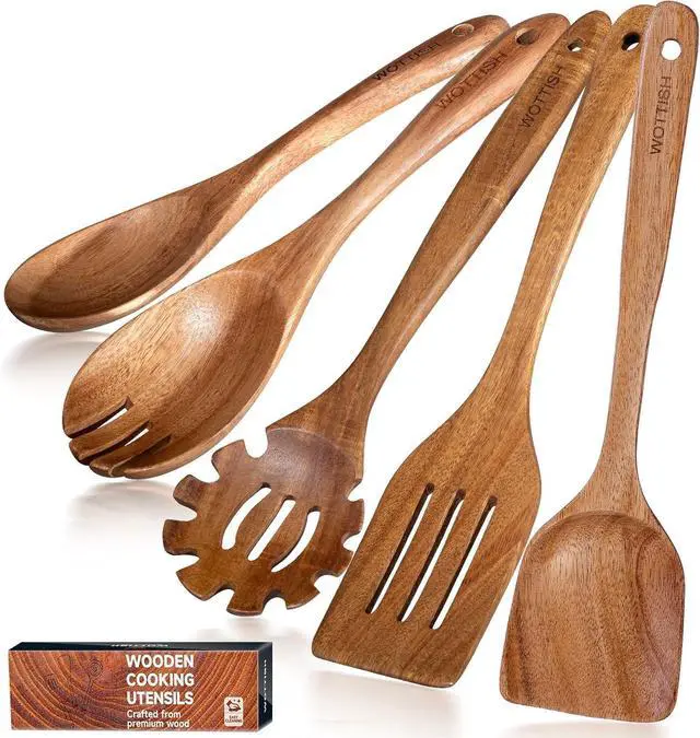 Main image of Wooden Spoons for Cooking - 5-Piece Wooden Kitchen Utensil Set made of Natural Solid Wood Material - Includes Salad Spoons, Spaghetti Spoon, Salad Fork, Flat Spatula,Slotted Spatula(A05)