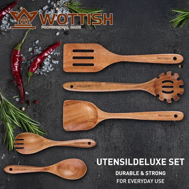 Alt view image 2 of 7 - Wooden Spoons for Cooking - 5-Piece Wooden Kitchen Utensil Set made of Natural Solid Wood Material - Includes Salad Spoons, Spaghetti Spoon, Salad Fork, Flat Spatula,Slotted Spatula(A05)