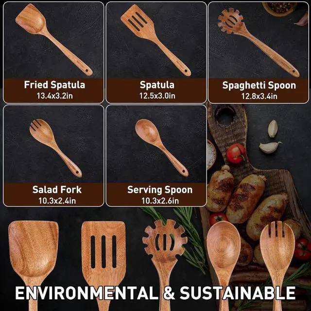 Alt view image 3 of 7 - Wooden Spoons for Cooking - 5-Piece Wooden Kitchen Utensil Set made of Natural Solid Wood Material - Includes Salad Spoons, Spaghetti Spoon, Salad Fork, Flat Spatula,Slotted Spatula(A05)