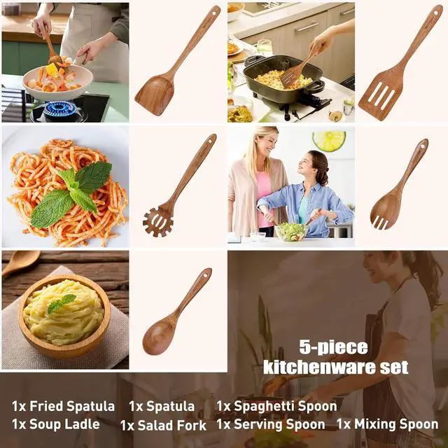Alt view image 4 of 7 - Wooden Spoons for Cooking - 5-Piece Wooden Kitchen Utensil Set made of Natural Solid Wood Material - Includes Salad Spoons, Spaghetti Spoon, Salad Fork, Flat Spatula,Slotted Spatula(A05)